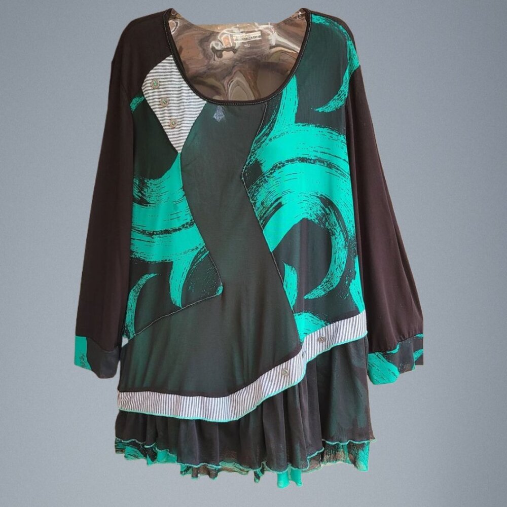 Mirror Image Womens Size L Top Blouse Tunic Patchwork Ruffle 3/4 Sleeves